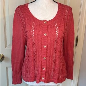 RARE! Peruvian Connection Pima Cotton Lace and Cables Cardigan Coral size L